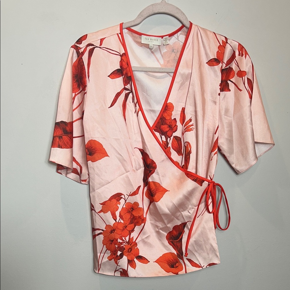Silky Red Floral Wrap Top - Unbranded - Picture 2 of 6